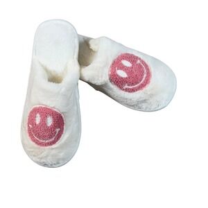 Smiley Face Pink/White Teddy‎ House Slippers US Size 8-9 EU Size 42-43 Comfort